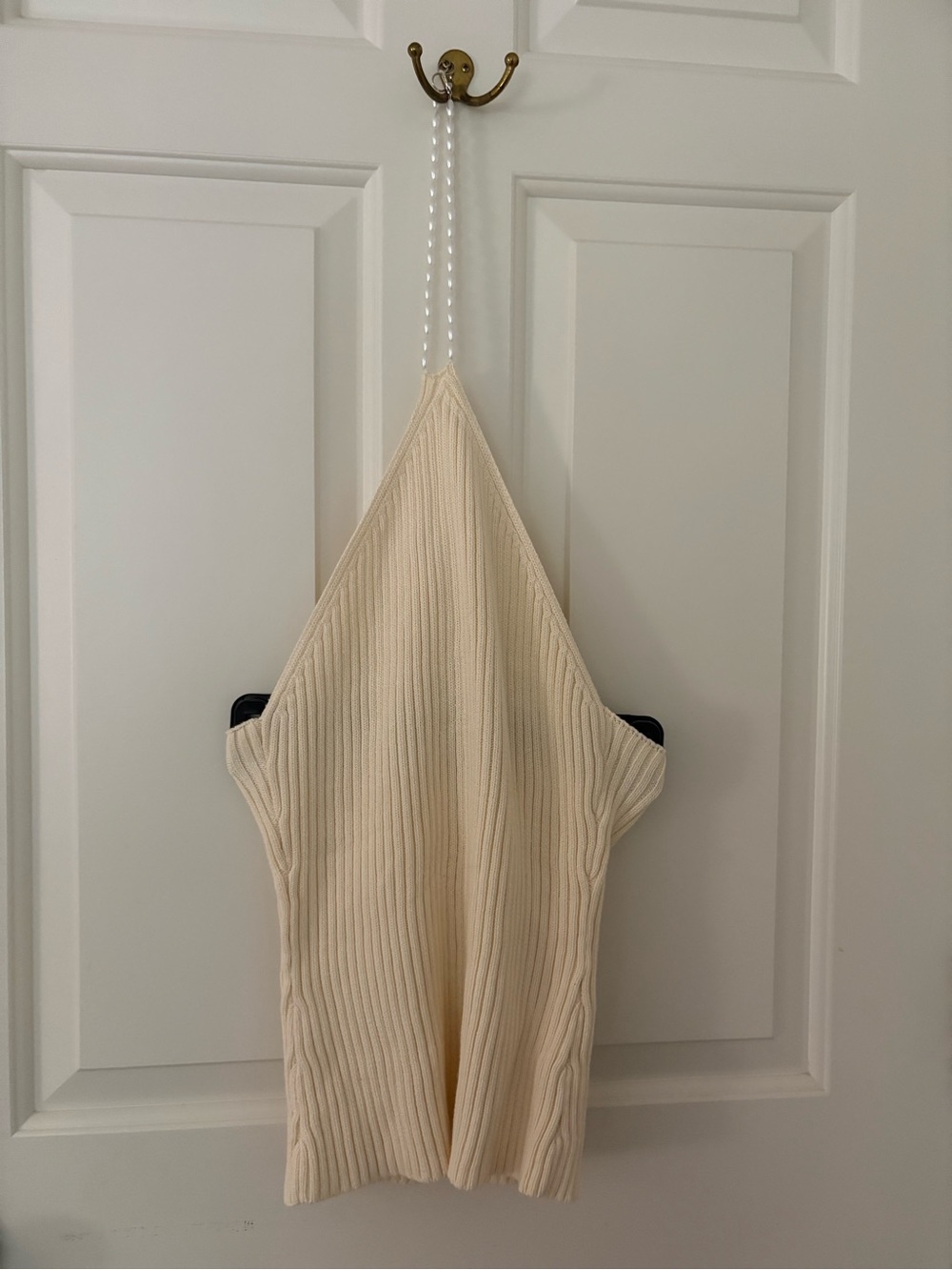 Musier Paris Cream Ribbed Knit Top with Pearl Strap Detail